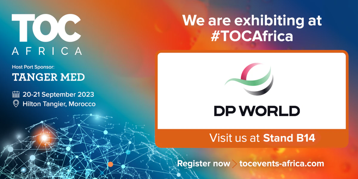 TOC Africa event banner highlighting DP World exhibiting at Stand B14, with event details for 20–21 September 2023 in Hilton Tangier, Morocco.