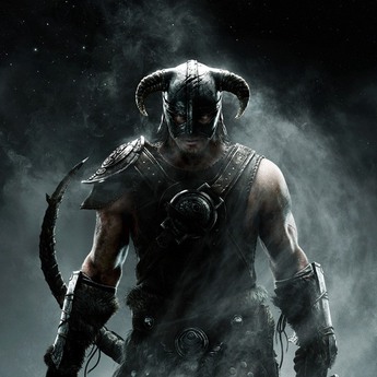 A character from Skyrim with a leather pelt, helmet with horns and mist raising around him