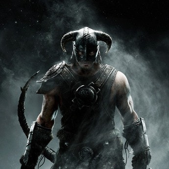 A character from Skyrim with a leather pelt, helmet with horns and mist raising around him