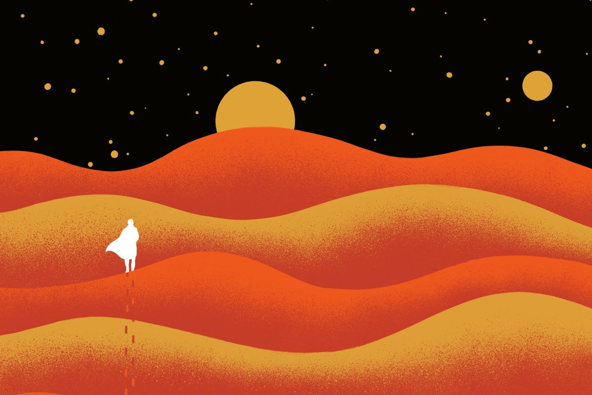 Cartoon sand waves ripple across each other as a white figure leaves footprints behind