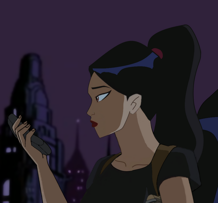 Detective Ellen Yin, with black hair tied in a pony tail, looking to the left at a cell phone. She is wearing a black top with a gun holster on her shoulders. In the background is a dark sky with two buildings.
