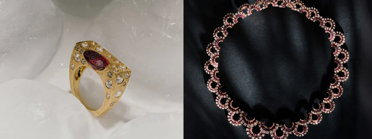 Ruby Ring and Double Row Eclipse by Amwaj Jewellery