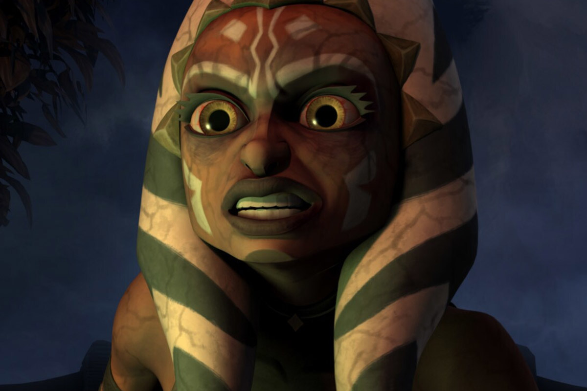 Ahsoka Tano with yellow sith eyes looks angry with veins across her face and arms