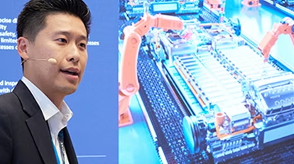 An exhibitor showing his product to an attendee