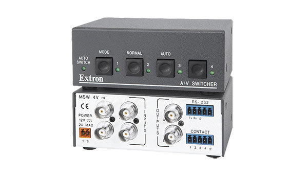 Extron MSW Series mini AV switcher featuring input auto-switching, multiple control options, and compact rack-mountable design.