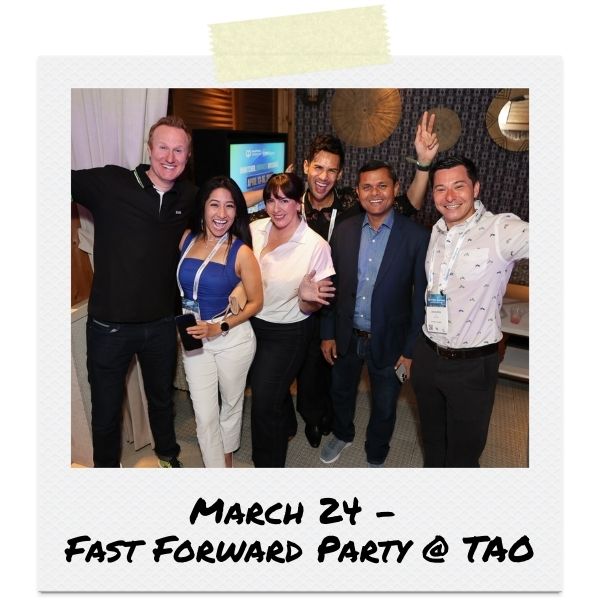 A photo of five people smiling for the camera at the Fast Forward Party at TAO Beach Dayclub