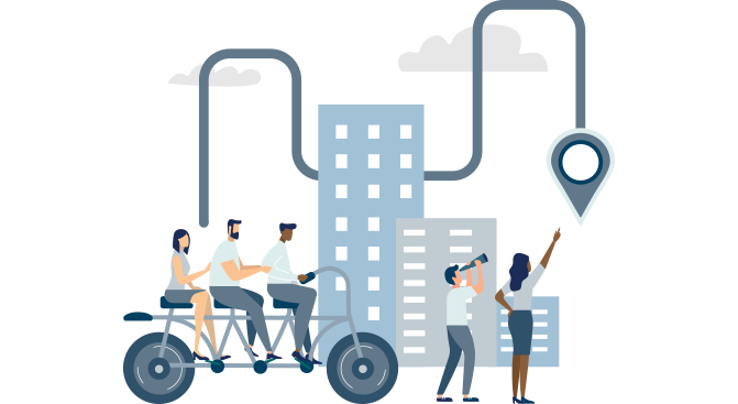 A group of cyclists riding with a map pin on the ground.