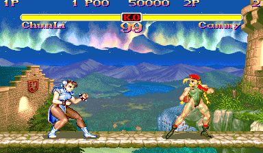 Chun Li and Cammy are in position to begin their fight at Suzaku Castle