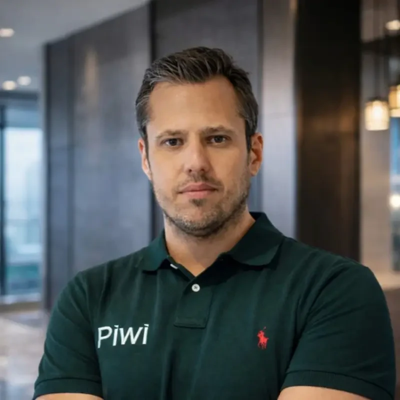 Felipe Baeta, palestrante no Healthcare Innovation Show, veste camisa polo verde-escuro da Piwi.