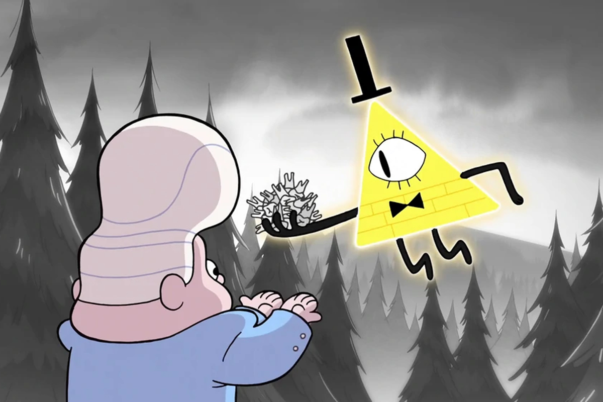 Bill Cipher floats above Gideon Gleeful holding a handful of teeth. Gideon has his hands out, ready to take them for himself.