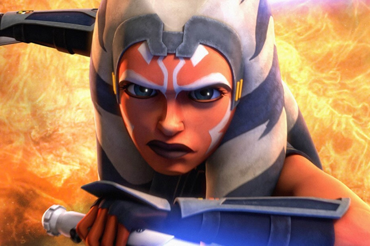 Animated Ahsoka Tano standing with flames behind her