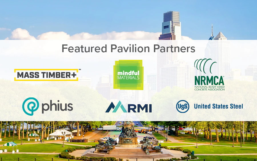 Featured Pavilion Partners showing logos for Mass Timber+, mindful materials, NRMCA, Phius, RMI, and United States Steel
