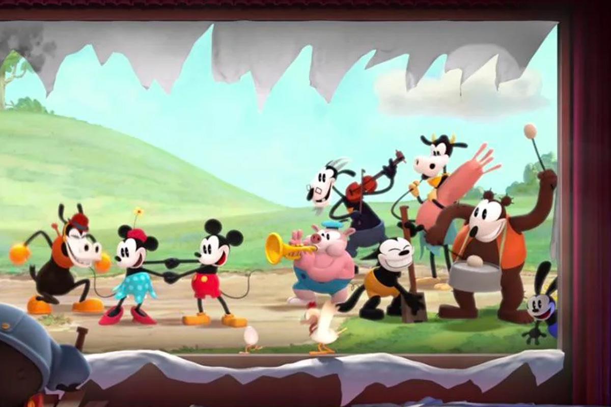 Oswald Rabbit smiles in a small cameo appearance during Disney's Get a Horse with Mickey, Minnie and friends.