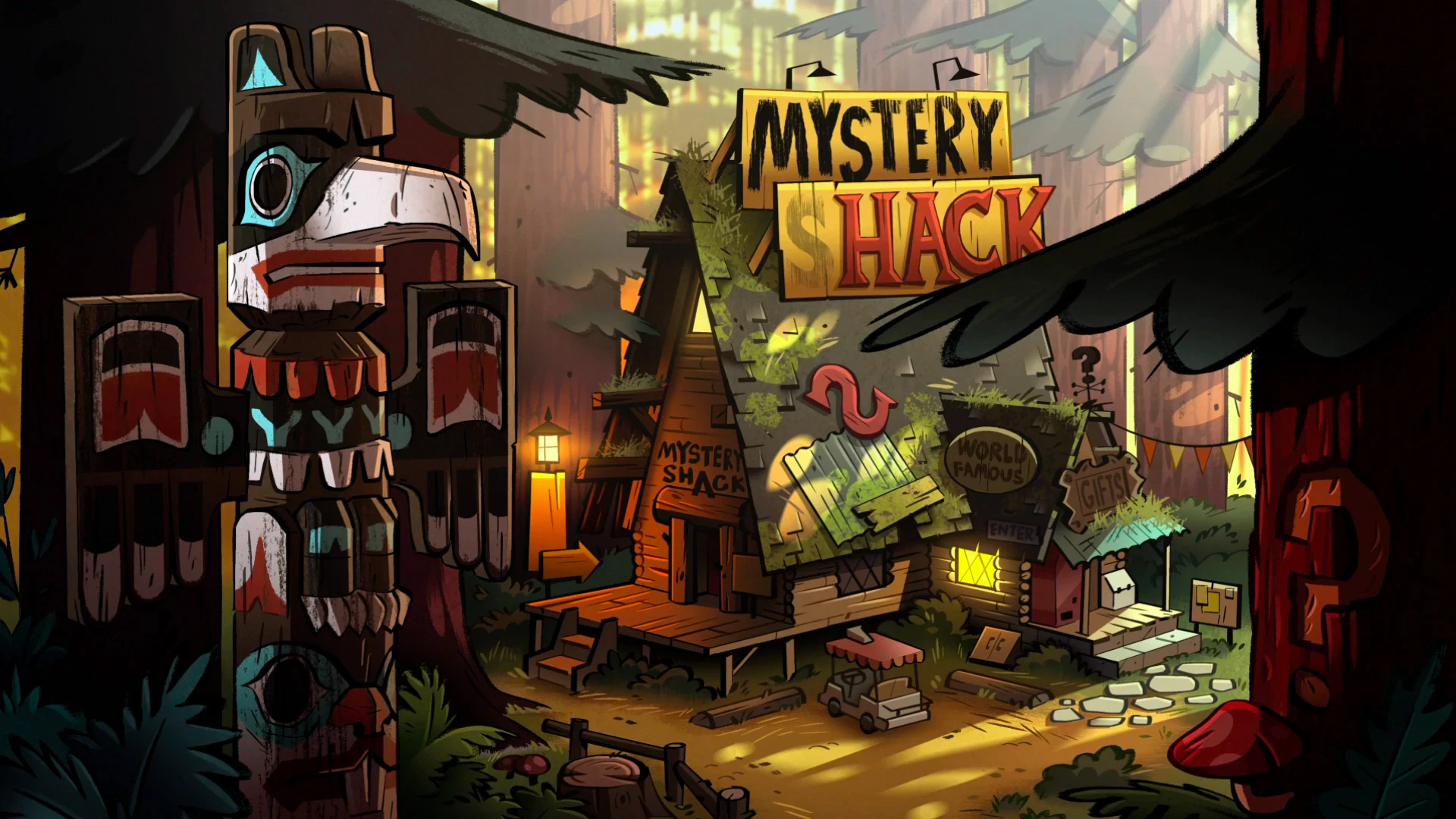 The Mystery Shack from gravity Falls with a bird totem pole in the foreground
