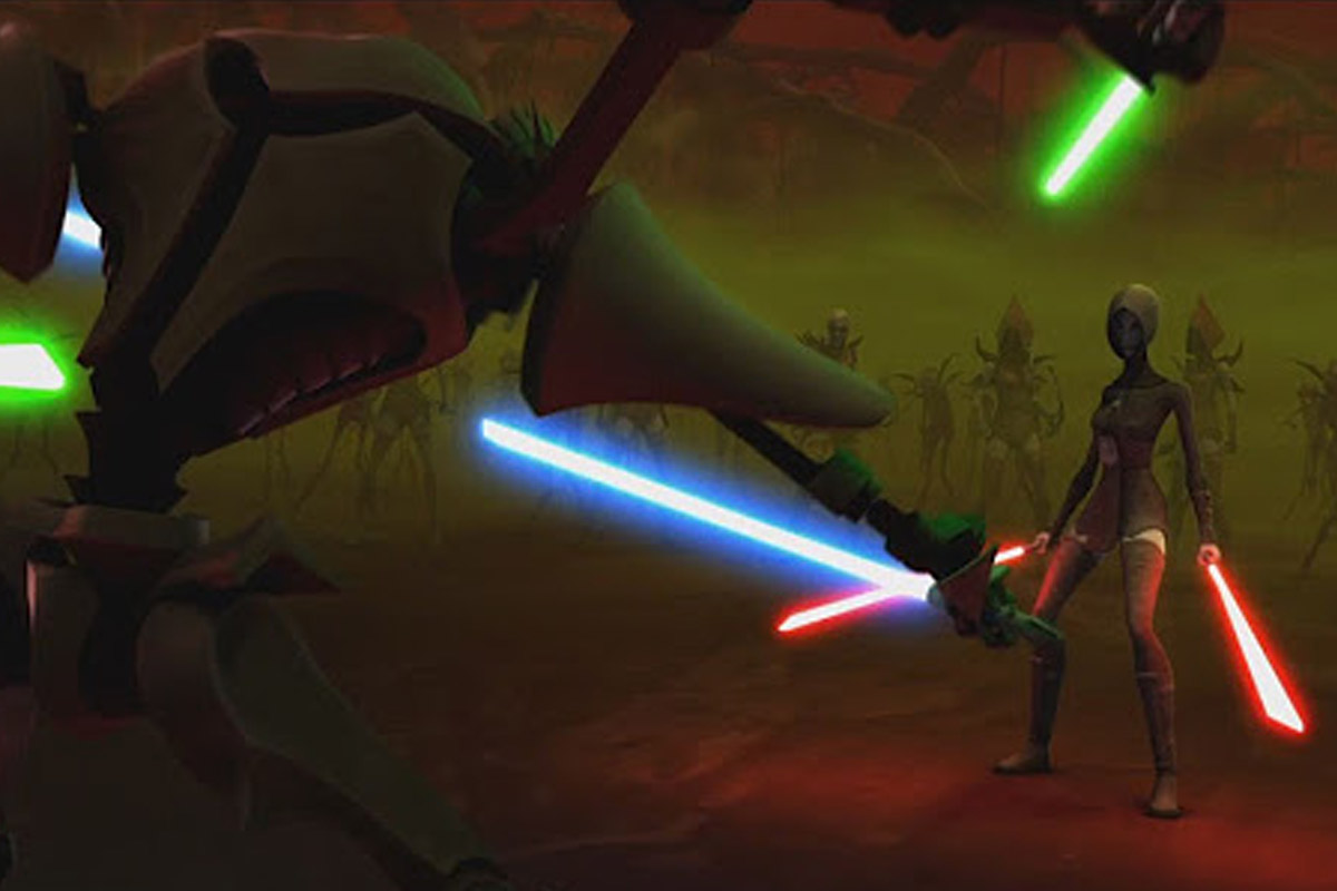 General Greivous stands with 4 lightsabers ready to attack Asajj Ventress, who has two lightsabers ready