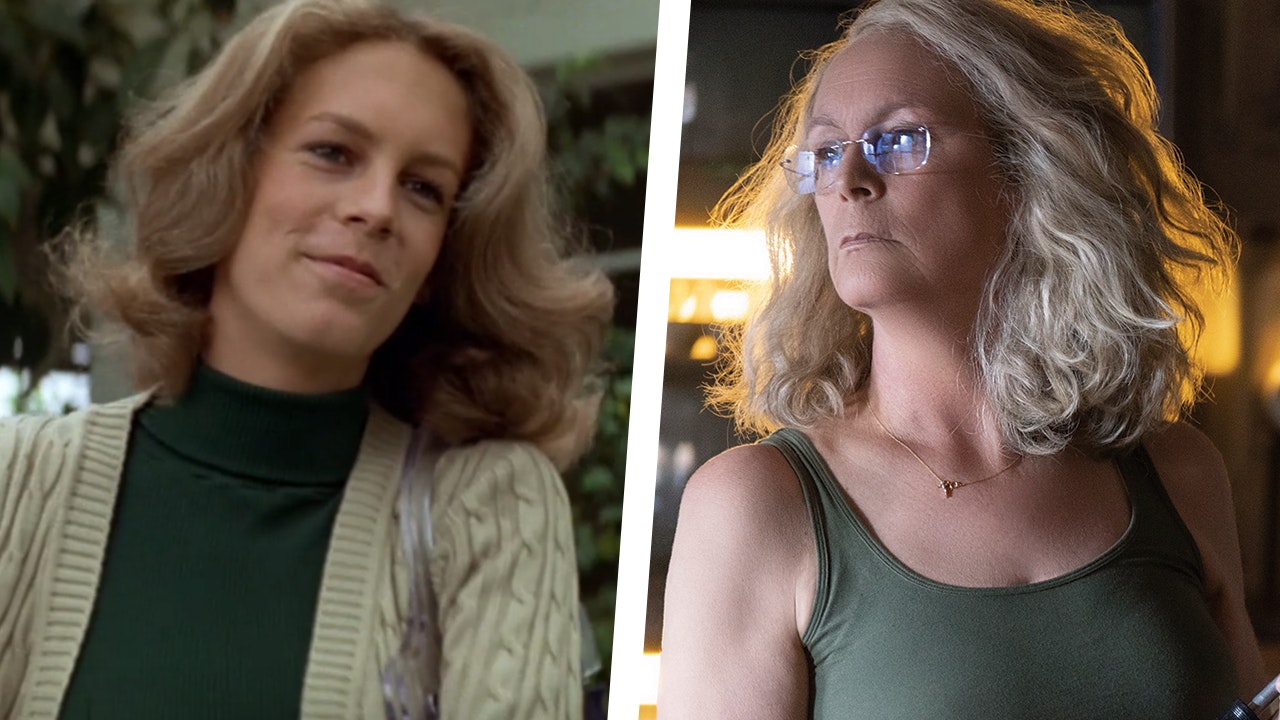 A split photo shows Laurie in her youth and as a grown woman. On the right, a teenage Laurie smiles at a friend in conversation. On the left, an adult Laurie stands in her bunker prepping her tools to face off against Michael Myers