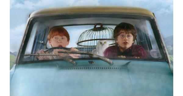 Harry and Ron are in the sky in the Weasley's floating blue station wagon. Hedwig, in his cage in the back set, looks just as horrified as the two boys in the front seat.