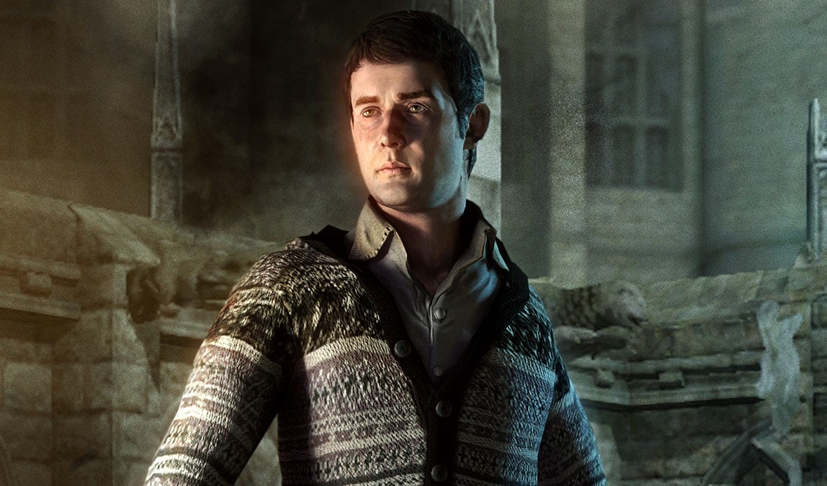 Standing in front of a section of Hogwarts, Neville is standing there looking determined.