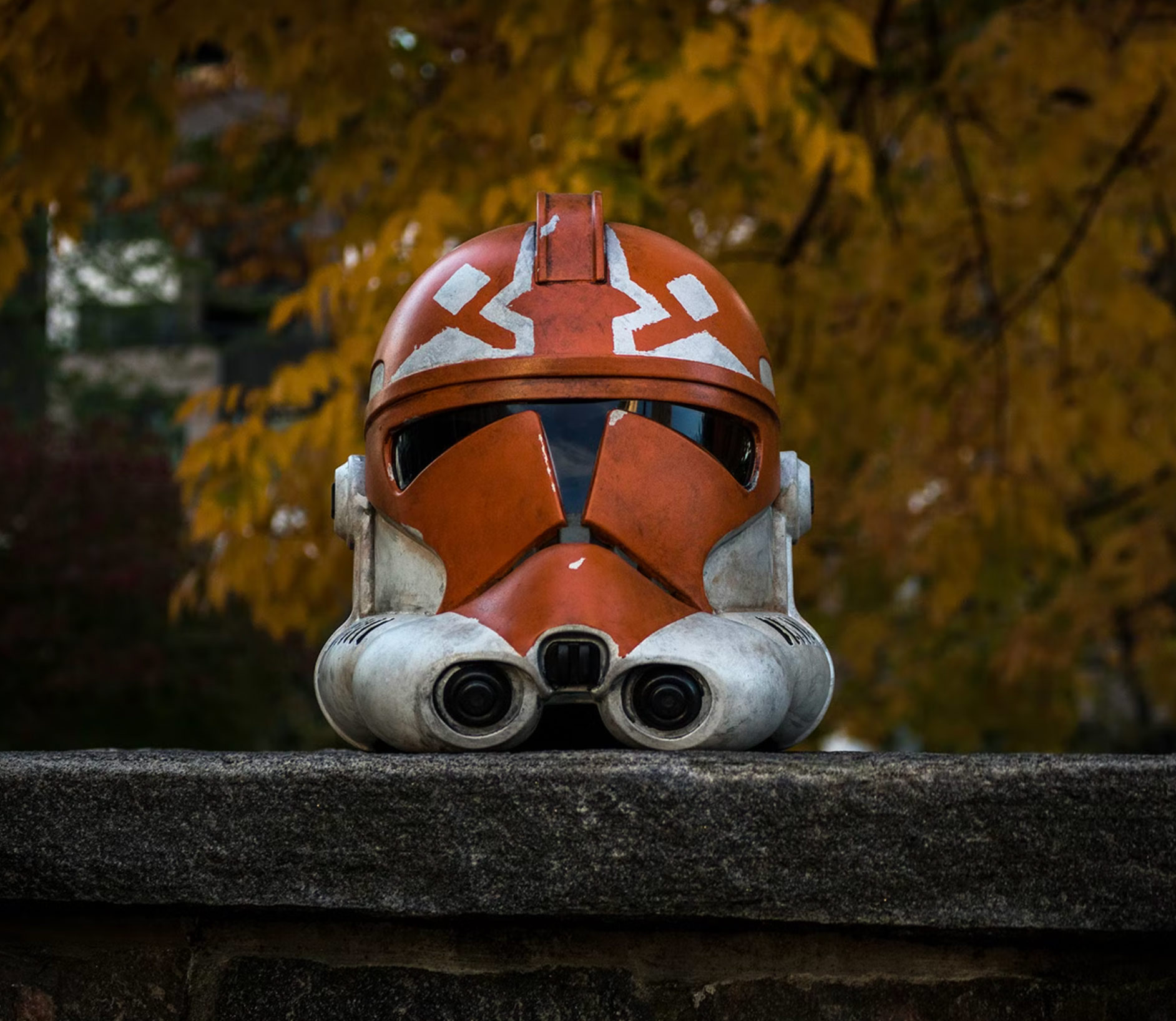 The Clone Trooper helmet sitting face forward on a ledge
