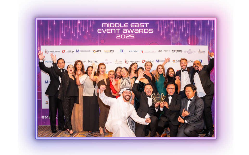 Winners celebrating on stage at the Middle East Event Awards during the exclusive gala ceremony