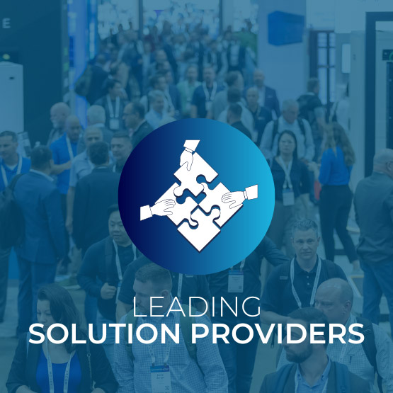 Data Center World attendees walking through expo hall, with text overlay of Leading Solution Providers
