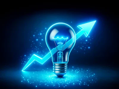 blue arrow pointing up behind a lightbulb
