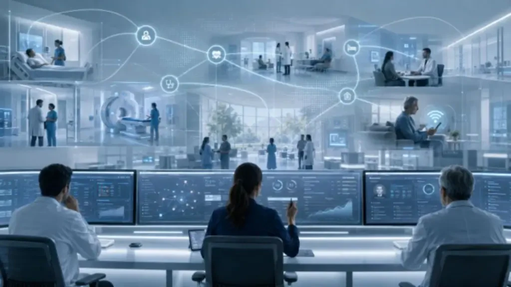 Painel conceitual de transformação digital na medicina. Profissionais de jaleco em uma sala de controle observam telas de computador interconectadas com ícones de saúde, ilustrando o conceito de hospital plataforma, inteligência de dados e monitoramento de pacientes em tempo real.