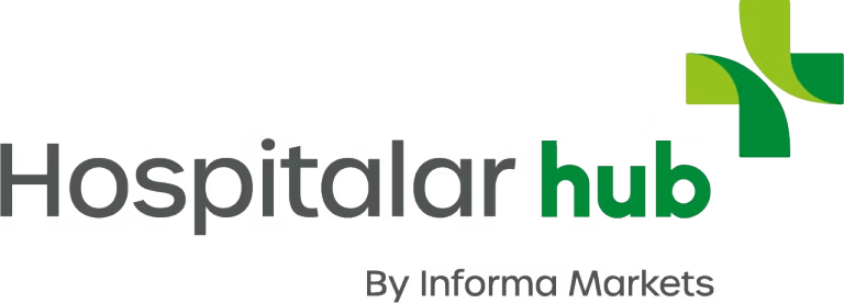 Logotipo Hospitalar hub com o texto 'By Informa Markets' abaixo e um ícone de cruz médica estilizada em tons de verde à direita.