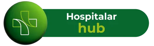 Botão verde com o texto "Hospitalar hub" e o símbolo da Hospitalar em formato de cruz vazada na lateral esquerda.