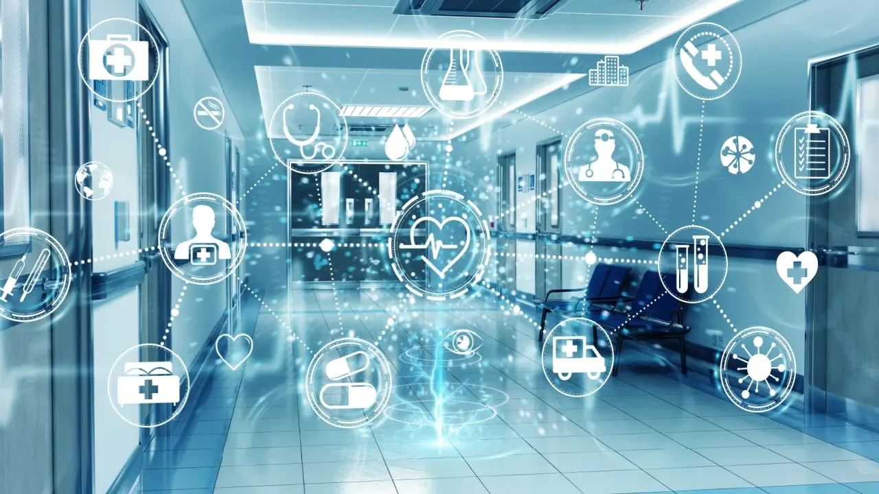 Corredor hospitalar moderno com ícones digitais de saúde conectados (prontuário, exames, medicamentos e atendimento), representando tecnologia, transformação digital e gestão hospitalar integrada.