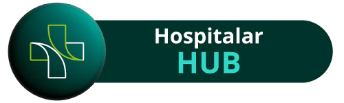 Botão verde com o texto "Hospitalar hub" e o símbolo da Hospitalar em formato de cruz vazada na lateral esquerda.
