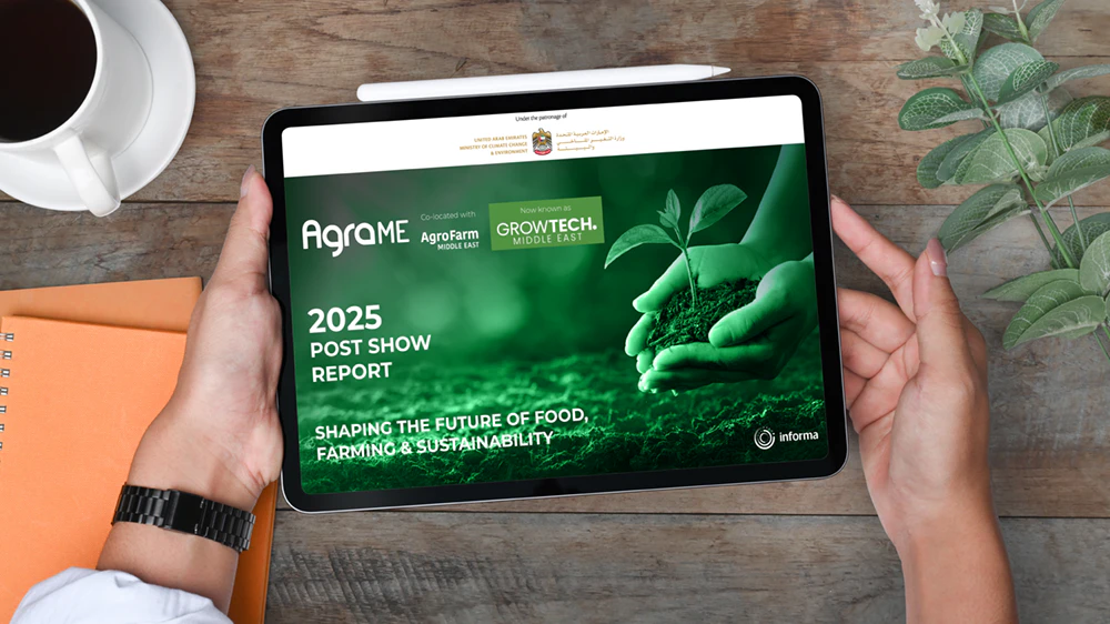 Growtech Middle East agriculture post-show report displayed on a tablet highlighting exhibitor and visitor insights