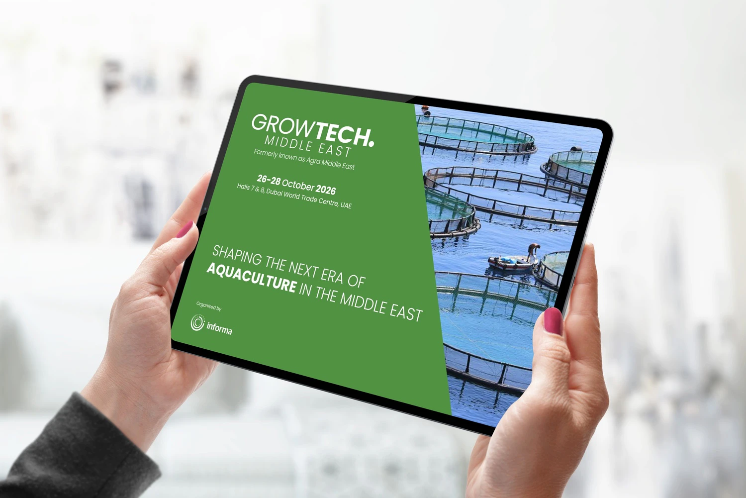 Growtech Middle East aquaculture sector guide displayed on a tablet promoting sustainable seafood production and aquaculture innovation