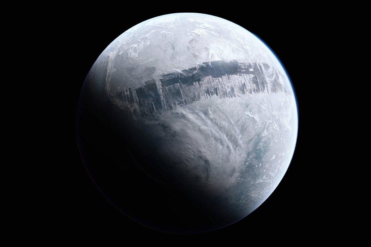 A white & grey planet with a dark ring around it floating in space