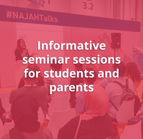 Parents and students attending informative seminar sessions at Najah Higher Education Expo 2025 — covering admissions, scholarships, and campus life.
