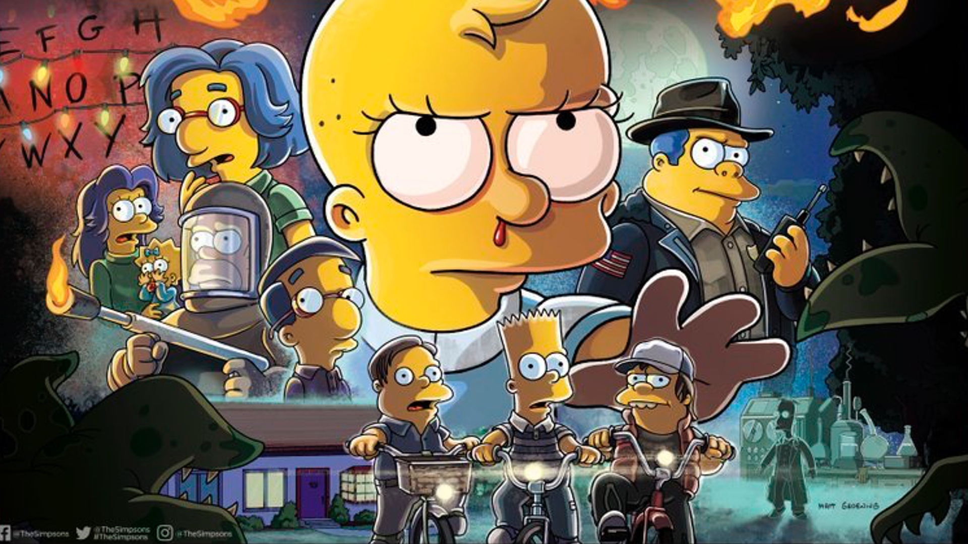 The Simpsons recreate the original Stranger Things poster. Lisa is Eleven, with a nosebleed, using her powers. Milhouse is Will. Bart is Mike, Nelson is Dustin. Chief Wiggum is Hopper, Louann is Dustin and Marge is Karen