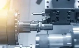 Operação de usinagem de alta precisão em um centro de torneamento CNC: a imagem mostra o detalhe de uma ferramenta de corte removendo metal de uma peça de aço inoxidável em rotação rápida, com iluminação focalizada realçando a textura metálica e a ferramenta.