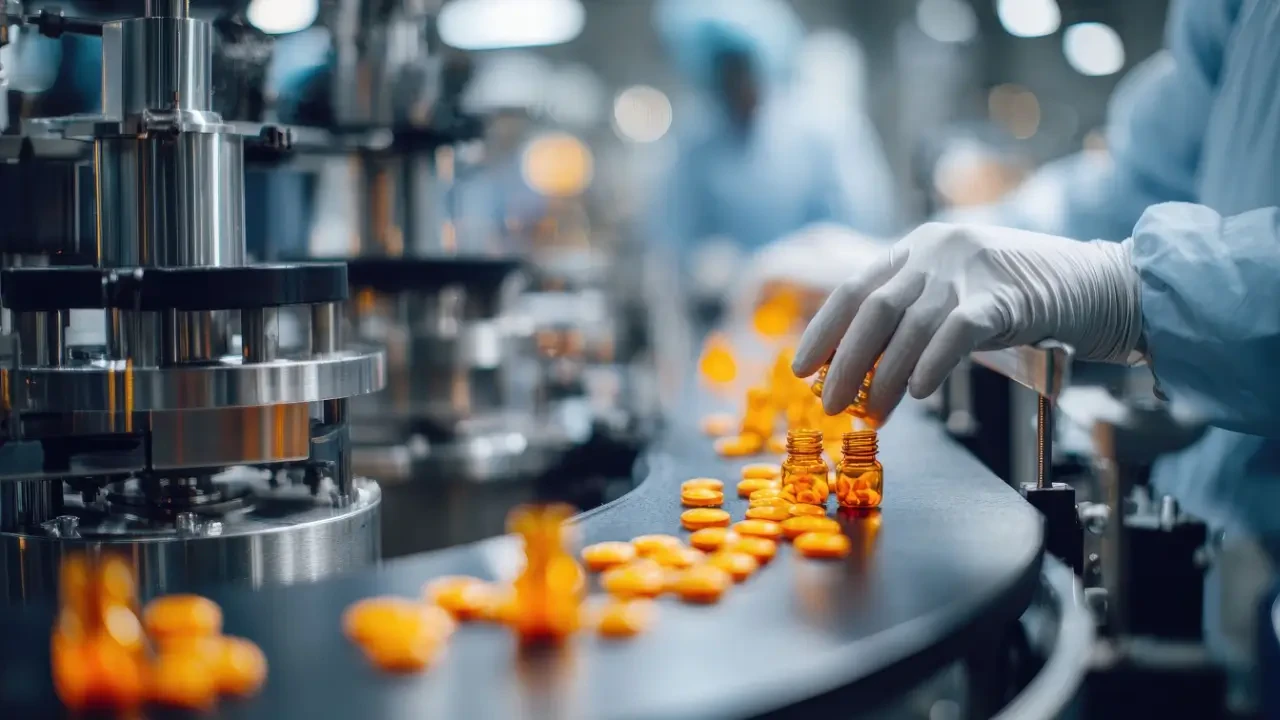 Linha de produção farmacêutica com cápsulas sendo envasadas em frascos por operador com luvas, em ambiente industrial controlado — conceito de indústria farmacêutica, fabricação de medicamentos e controle de qualidade.