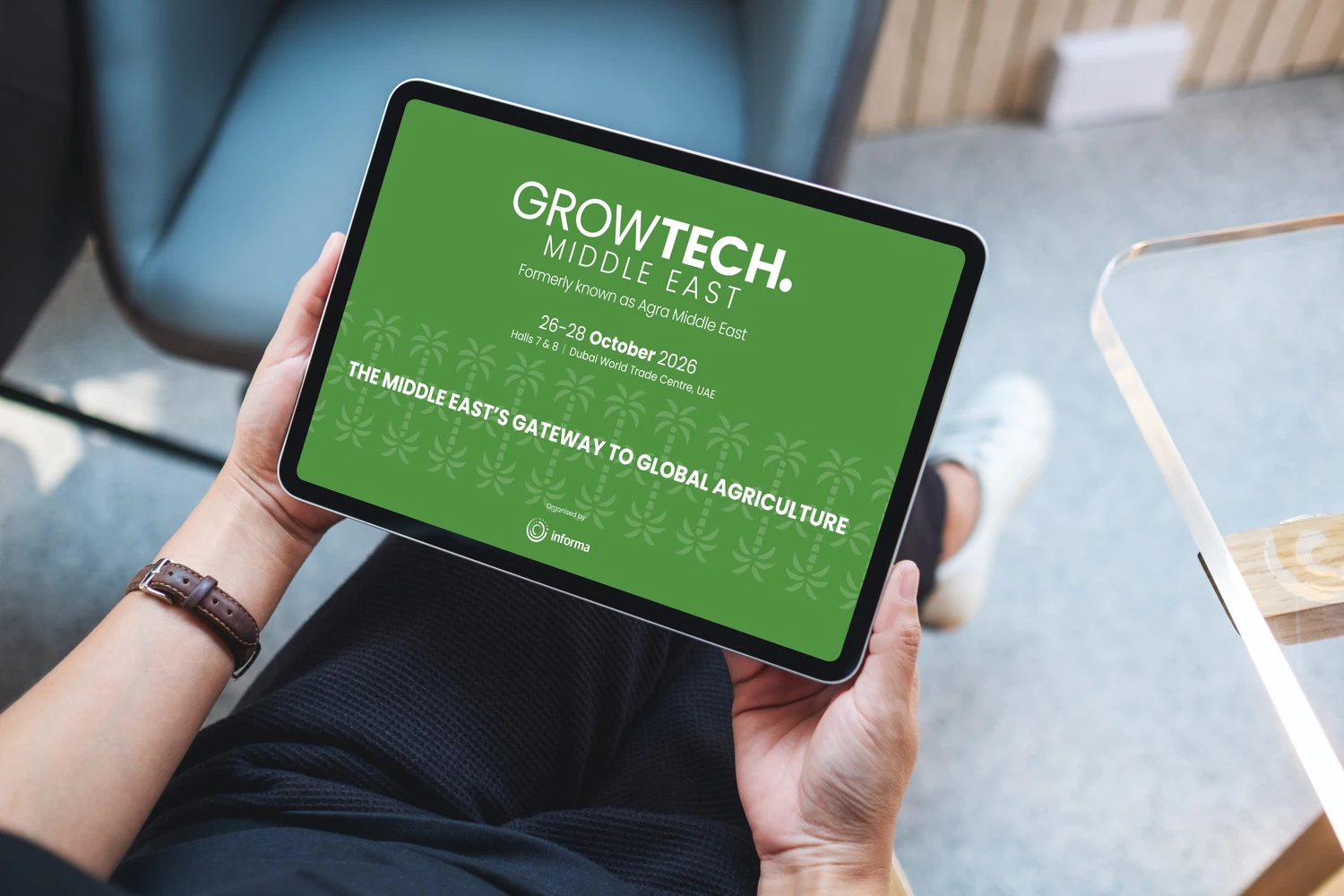 Growtech Middle East sustainability sponsorship displayed on a tablet promoting sustainable agriculture and environmental initiatives