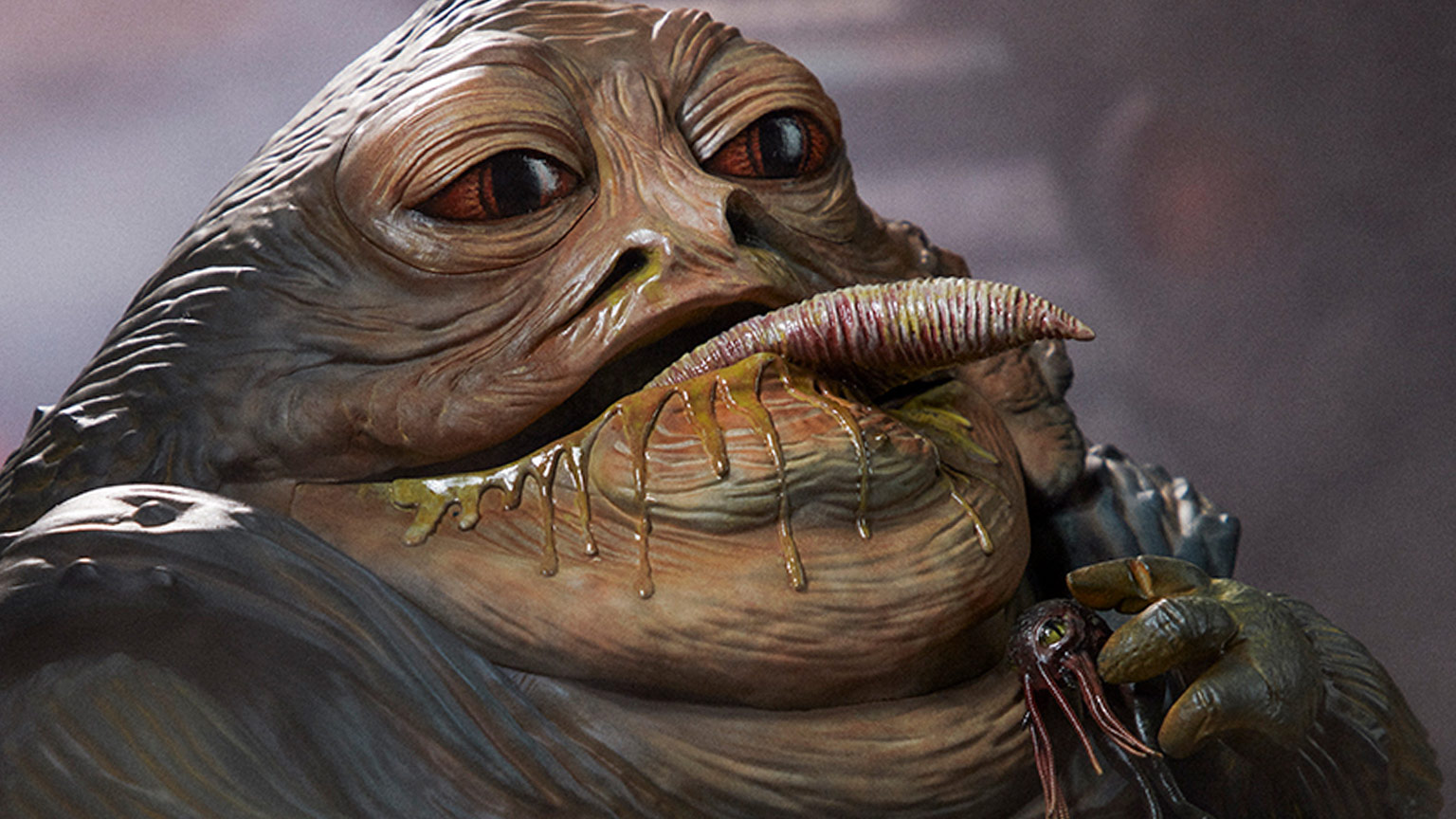 A painting of Jabba the Hut eating a slimy creature with goo oozing down his chin