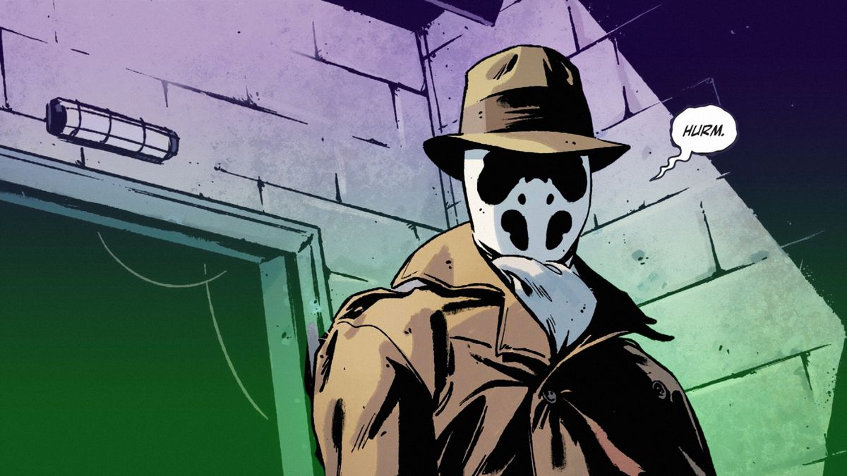 Rorschach enters a dark alley way with suspicion.