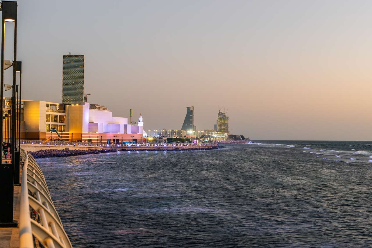 Jeddah Corniche with a view of the ocean with a walkway in the background