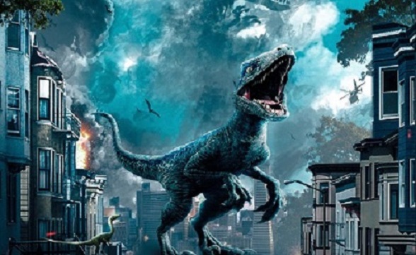 a velociraptor roaring, standing in the middle of a neighborhood , with dark cloudy skies above