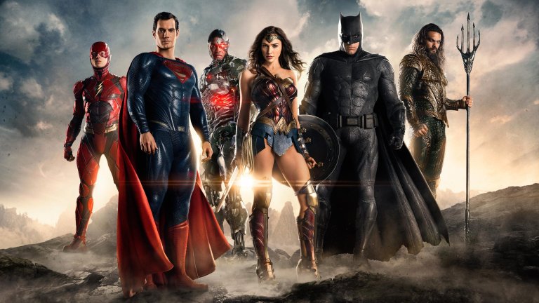 The entire DC Justice League from the movie pose side by side