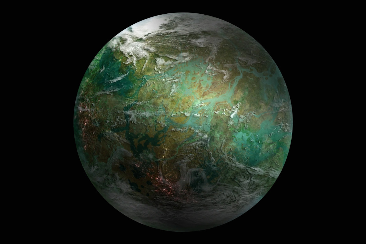 A green blue & white planet floating in space