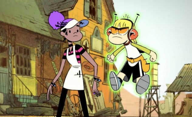 A woman in a pink & black striped shirt with white overalls stands beside a child floating with a green aura around him