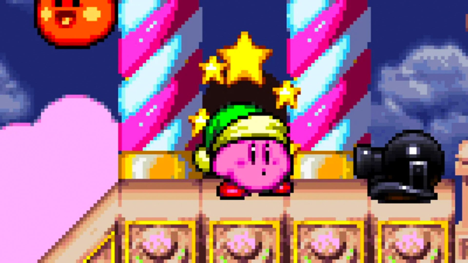 kirby stands looking confused with a Link hat on near a star door