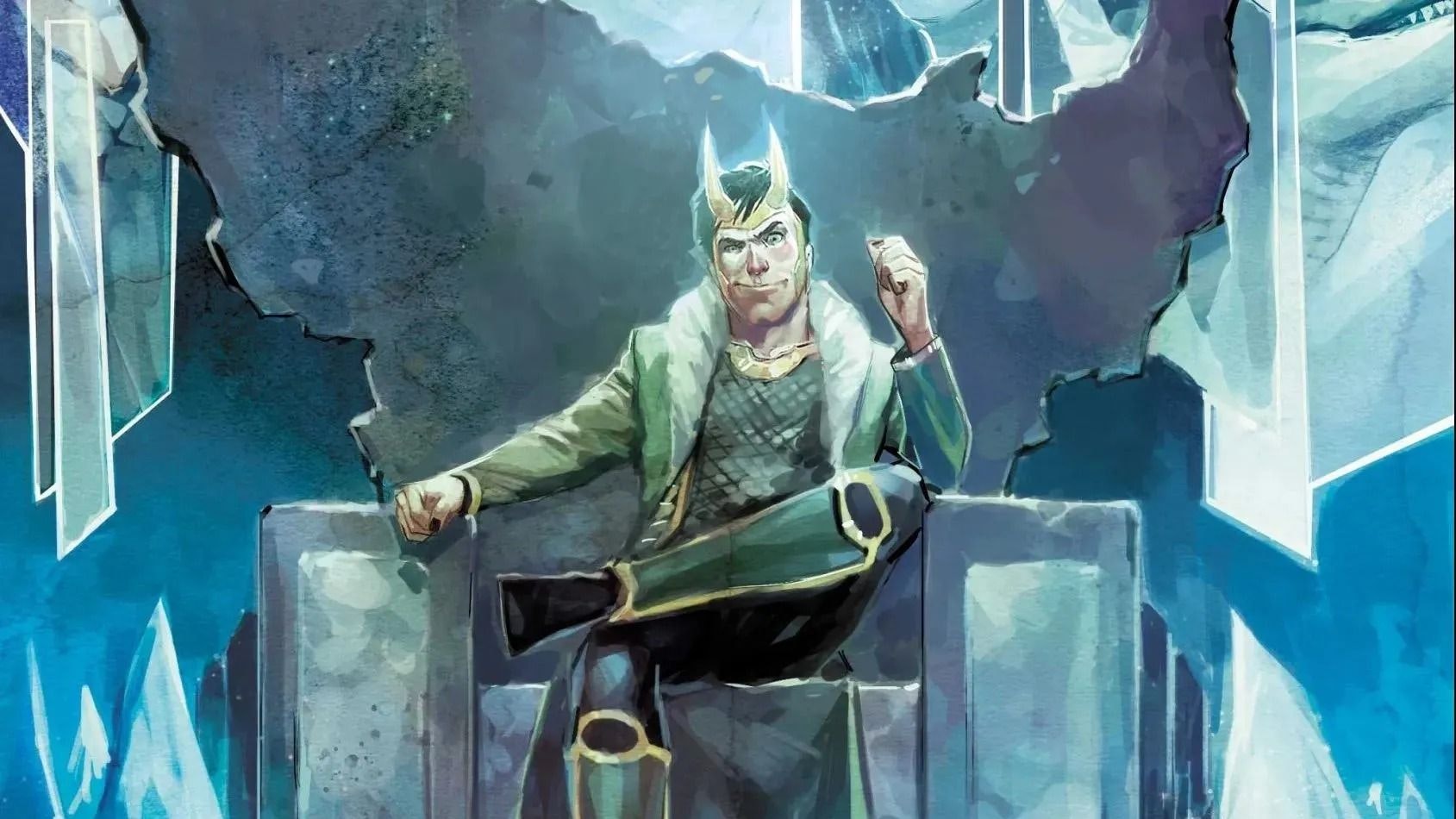 Loki, sat on a throne, smiles deviously.