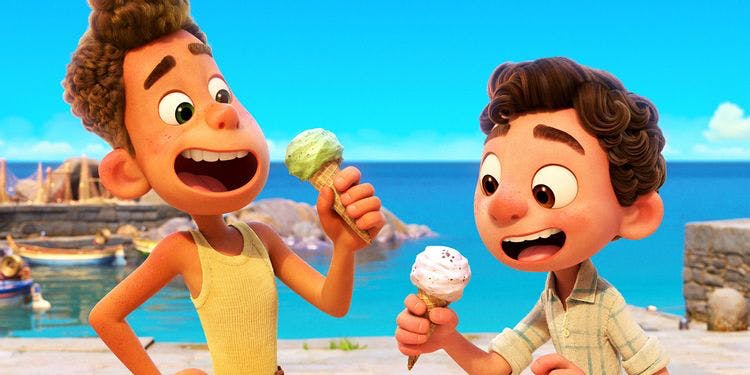 Luca and Alberto from Luca standing on shore in human form eating ice cream