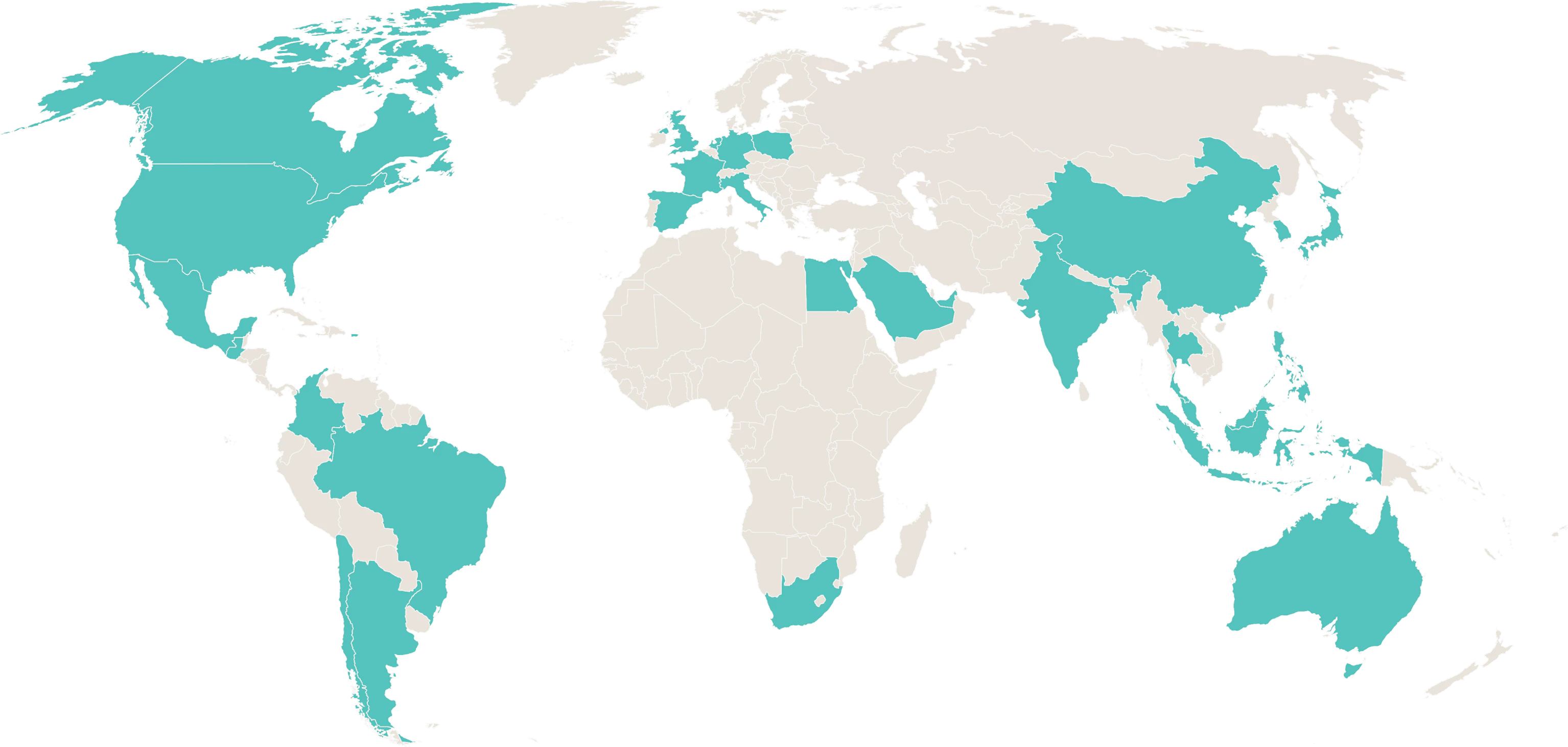 A map of the world with markets listed above highlighted in GREEN.